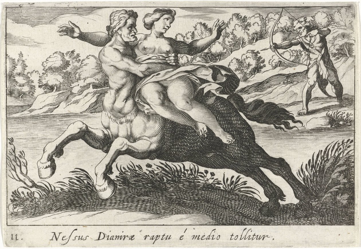 Nesus forsøger at ryste Deïanira te Dianiras bånd fjernes fra midten (titel på objekt) Herculische temaer (serietitel) af Simon Frisius