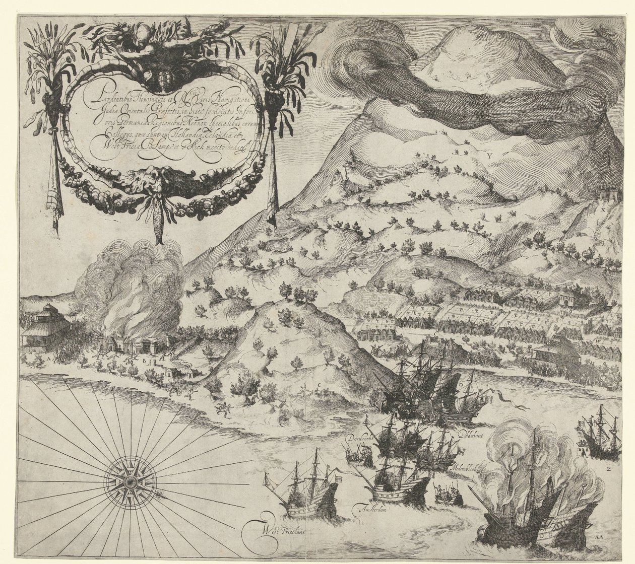 Hollændernes sejr over portugiserne på Tidore (venstre billede), 1605 af Simon Frisius