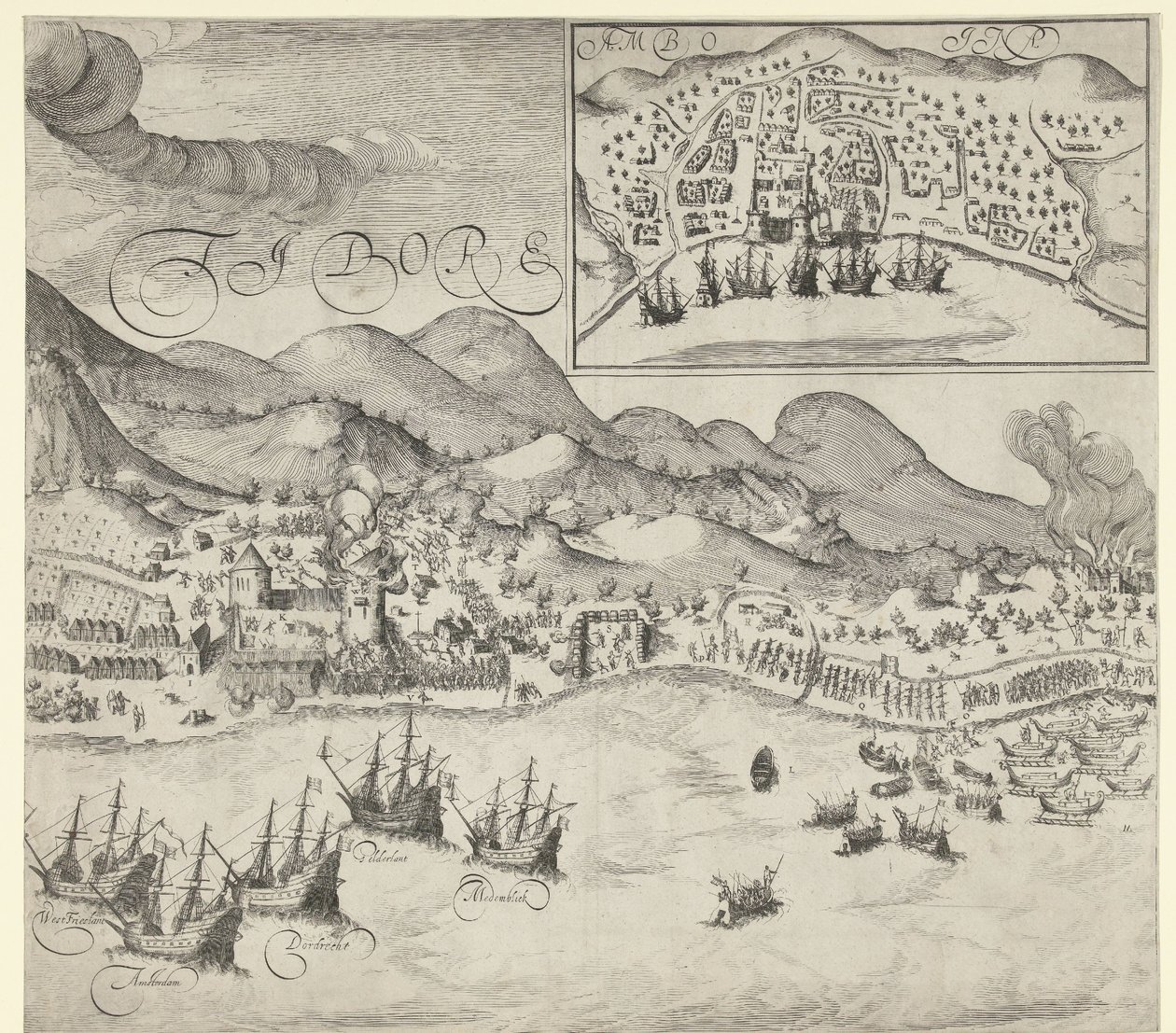Hollændernes sejr over portugiserne på Tidore (højre billede), 1605 af Simon Frisius