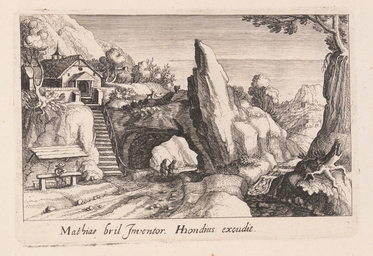 Par af figurer, der går under en stenbro, fra Topographia Variarum Regionum af Simon Frisius