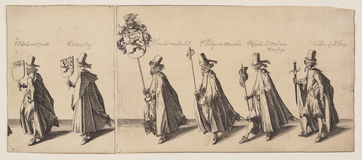 Procession af seks personer foran en hest, fra Brederodes begravelse af Simon Frisius