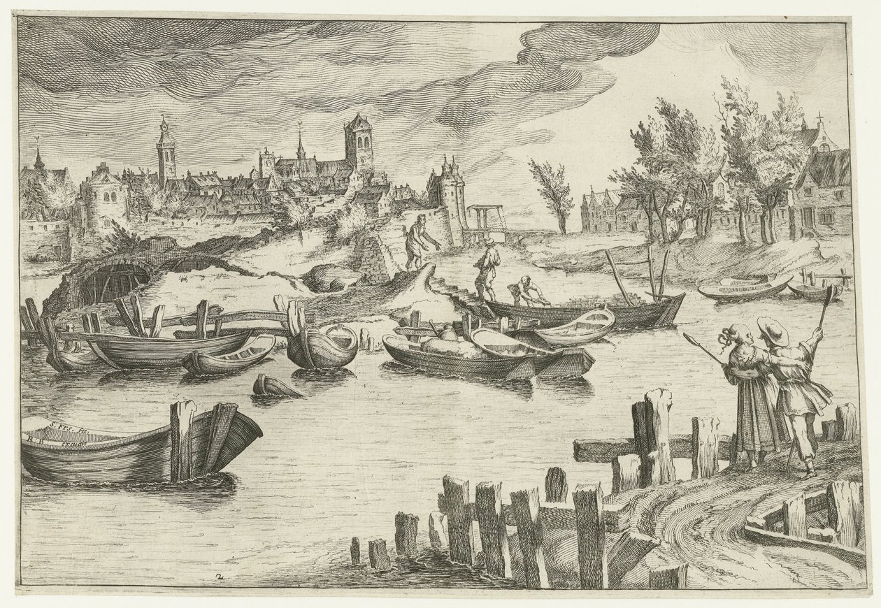 Flodlandskab med en by i baggrunden Landskaber med figurer (serietitel) af Simon Frisius