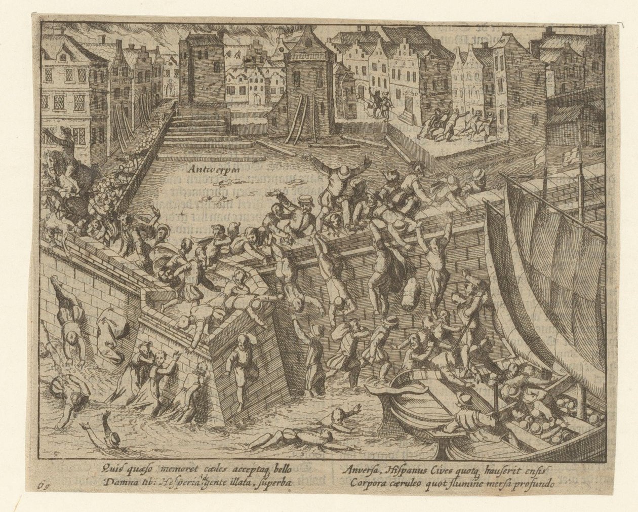 Den spanske furie: Indbyggerne flygter ned ad Schelde-floden, 1576 af Simon Frisius