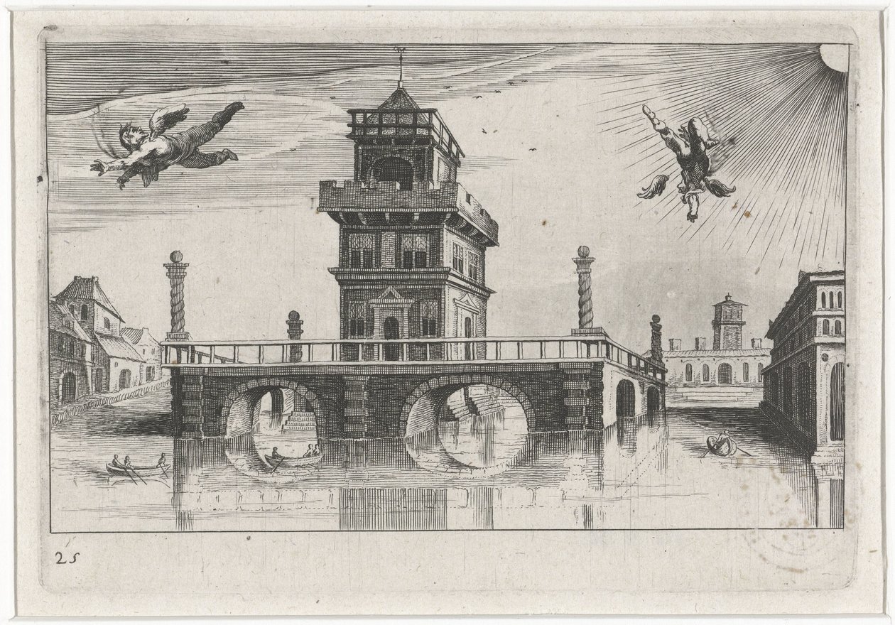 Bybillede med Ikaros og Daedalus Sydeuropæiske landskaber (serietitel) Topographia variarum regionum (serietitel) af Simon Frisius