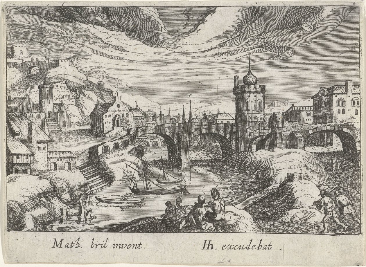 Bybillede med en flod Forskellige landskaber (serietitel) Topographia variarum regionum (serietitel) af Simon Frisius