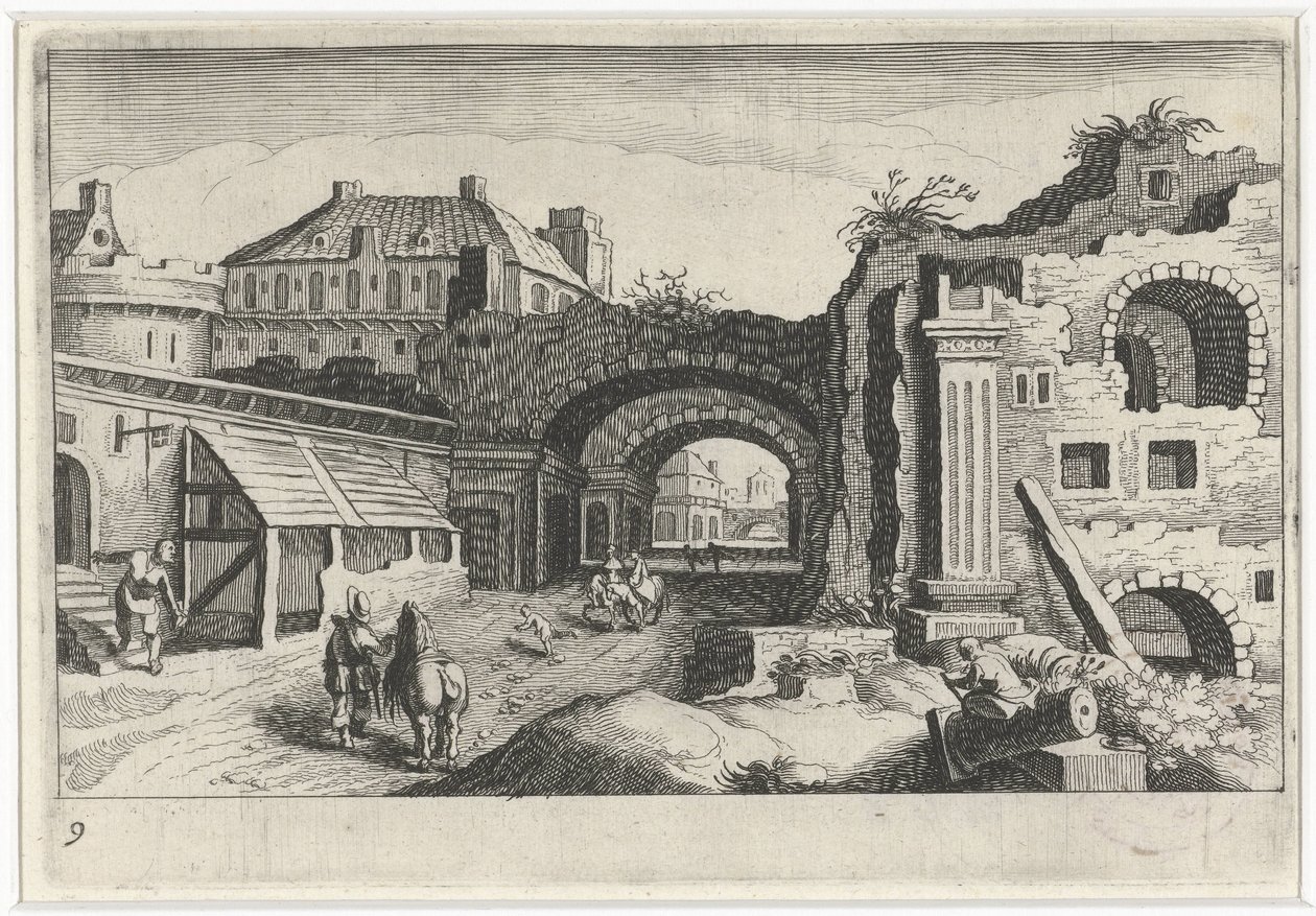 Bybillede med en ruin Sydeuropæiske landskaber (serietitel) Topographia variarum regionum (serietitel) af Simon Frisius