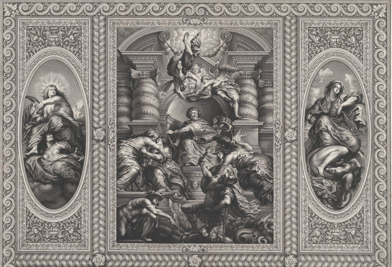 James I udnævnte Charles til konge af Skotland i centrum, Minerva stod i spidsen for Uvidenhed ved ri..., 1720. af Simon Gribelin