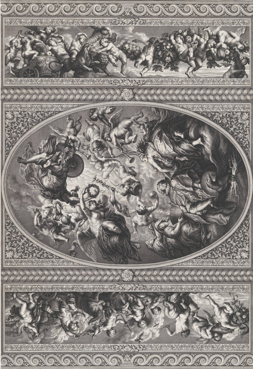 Apoteosen af James I i en oval i midten, friser med putti og guirlander på enten ..., 1720. af Simon Gribelin