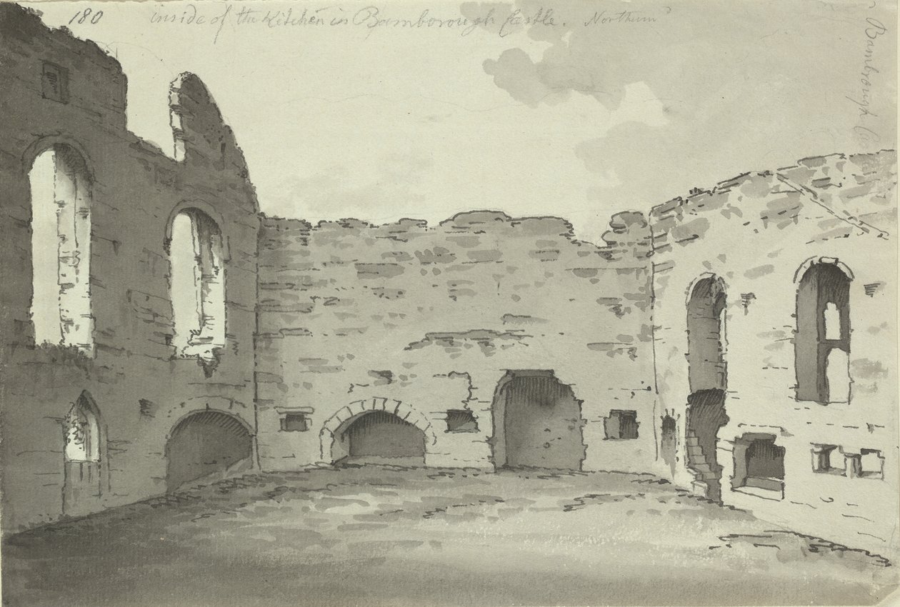 Bamburgh Castle, køkkenruiner, Tilføj. 15542, f.180, ca. 1780 (pen og blækvask på papir) af Simon H. Grimm