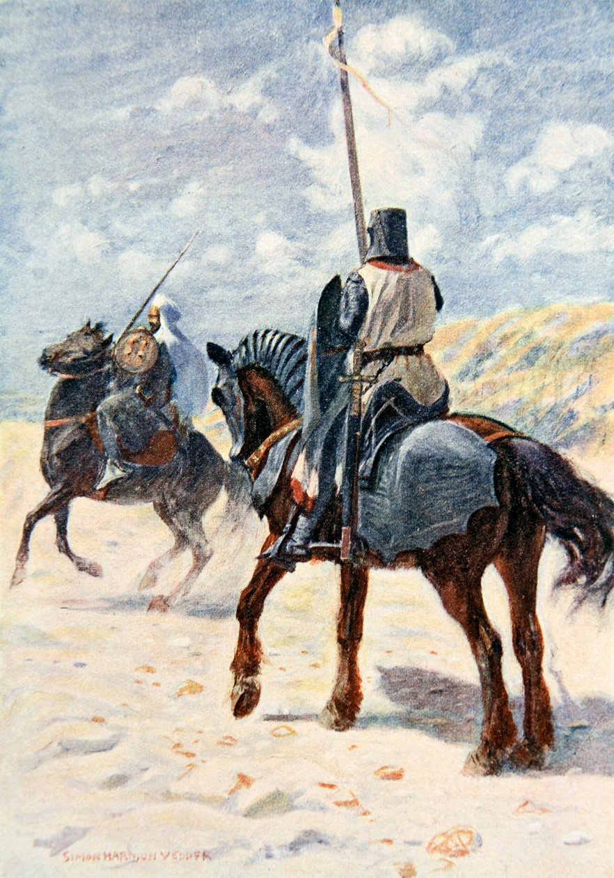 En saracen nærmer sig en korsfarerridder, illustration til "The Talisman": A Tale of the Crusaders" af Sir Walter Scott af Simon Harmon Vedder