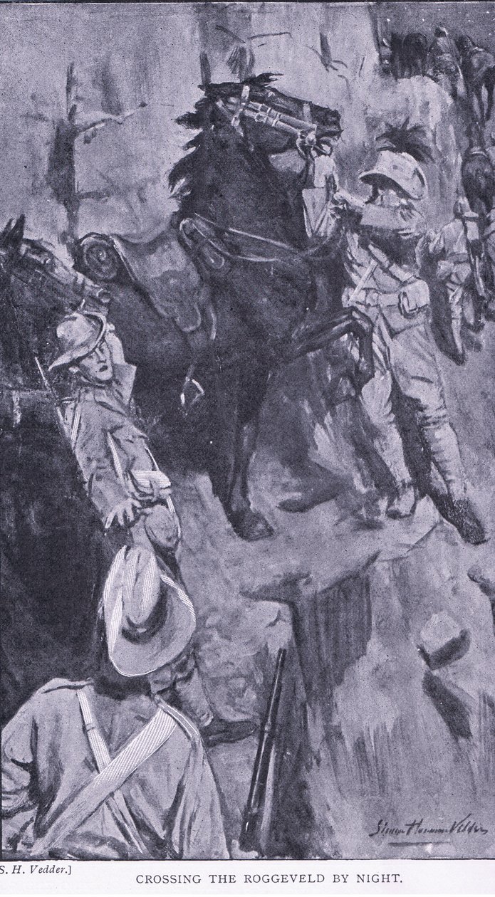 Crossing the Roggeveld by night, fra After Pretoria: The Guerilla War udgivet af Harmsworth Brothers Limited, 1901 af Simon Harmon Vedder