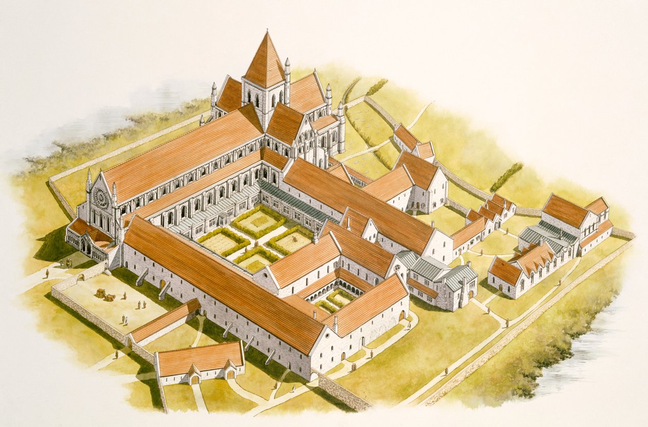Luftfoto af Byland Abbey (akvarel på papir) af Simon Hayfield