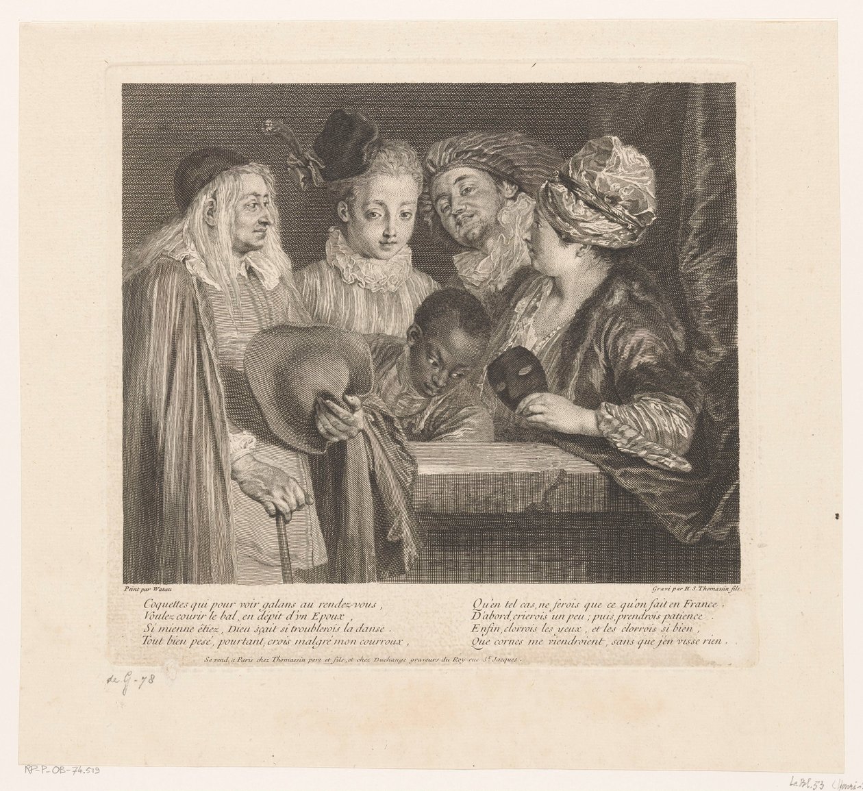 Gezelschap af fem skuespillere ved en brystning The Coquettes Værk af Antoine Watteau (serietitel) Værket af Antoine Watteau, maler for kongen i hans Royal Academy of Painting and Sculpture (...) (serietitel) af Simon Henri Thomassin