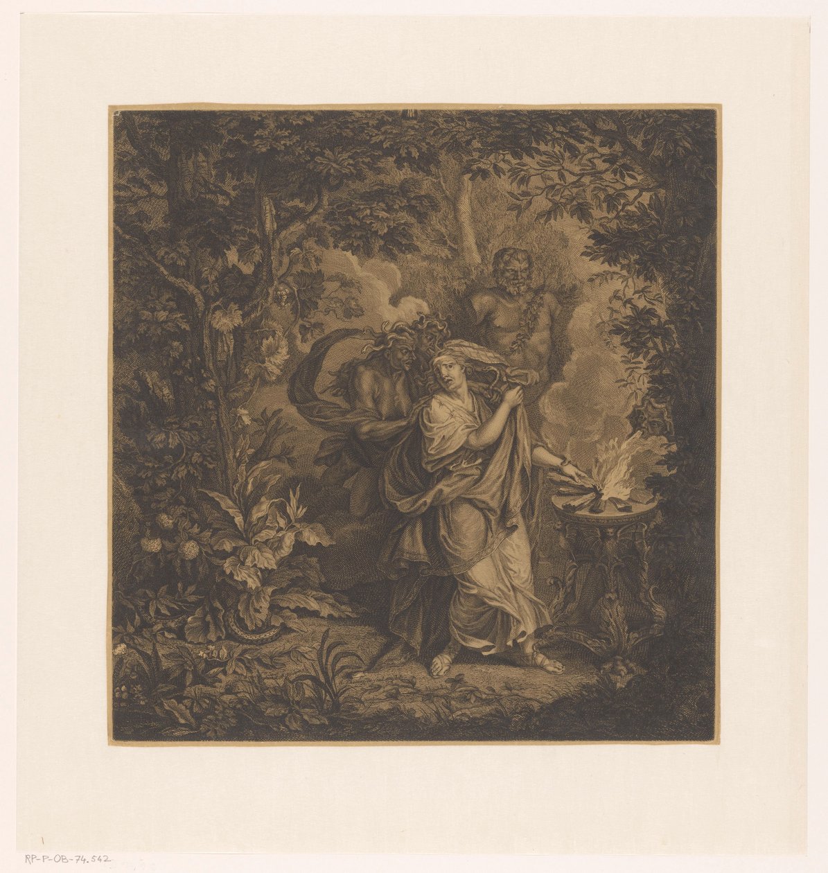 Mytologisk scene med en ofrende dronning i en skov, muligvis Althaea, og tre gorgonianere af Simon Henri Thomassin