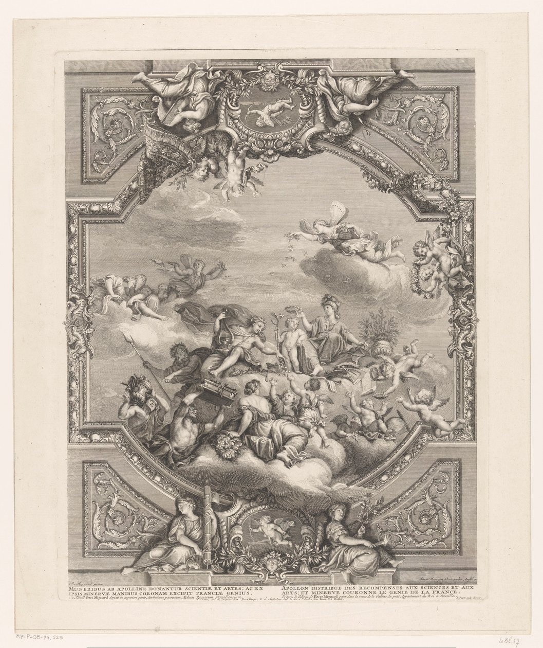 Loftmaleri i Versailles: Apollo uddeler belønninger til kunst og videnskab, Minerva kroner Frankrigs genialitet af Simon Henri Thomassin