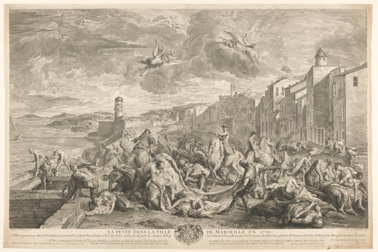 Byldepest ofre bliver slået ned i La Tourette, Marseille La Peste dans la ville de Marseille en 1720 (titel på objektet) af Simon Henri Thomassin