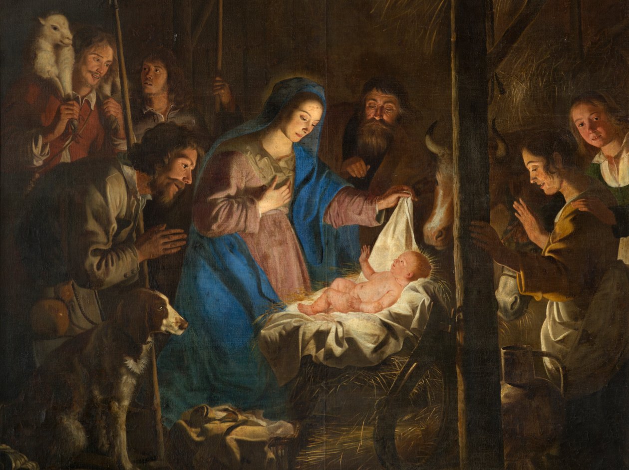 Sognekirke (Vor Frue af Himmelfartskirken). Interiør. maleri. Julescene. Simon DePaepe. Oprindelse klosteret Ename (?). af Simon II de Pape
