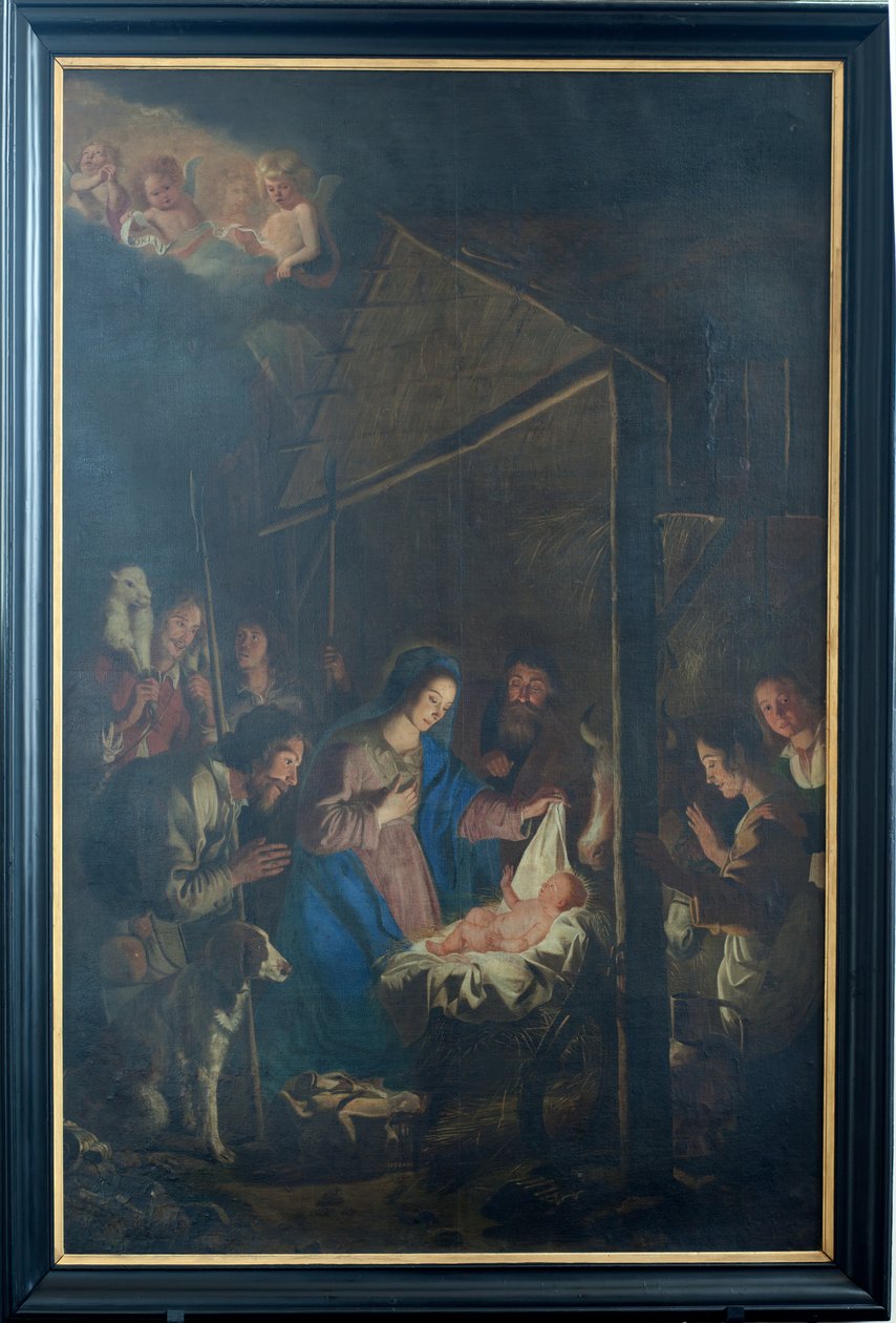 Sognekirke (Vor Frue af Himmelfartskirken). Interiør. maleri. Julescene. Simon DePaepe. Oprindelse klosteret Ename (?). af Simon II de Pape