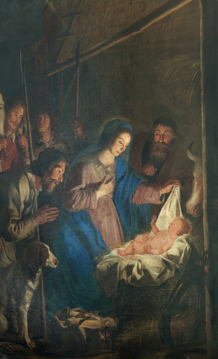 Sognekirke (Vor Frue af Himmelfartskirken). Interiør. maleri. Julescene. Simon DePaepe. Oprindelse klosteret Ename (?). af Simon II de Pape