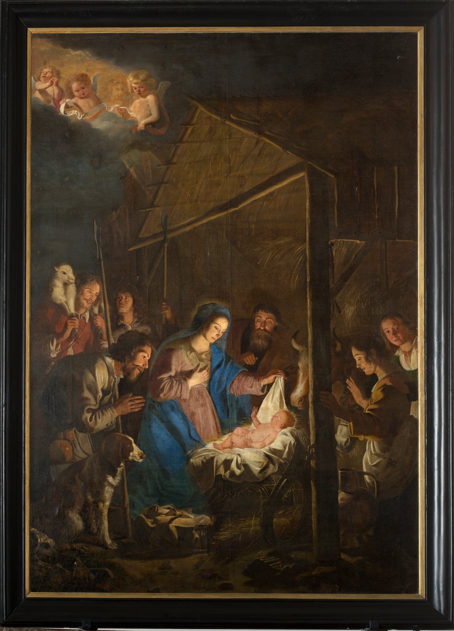 Sognekirke (Vor Frue af Himmelfartskirken). Interiør. maleri. Julescene. Simon DePaepe. Oprindelse klosteret Ename (?). af Simon II de Pape