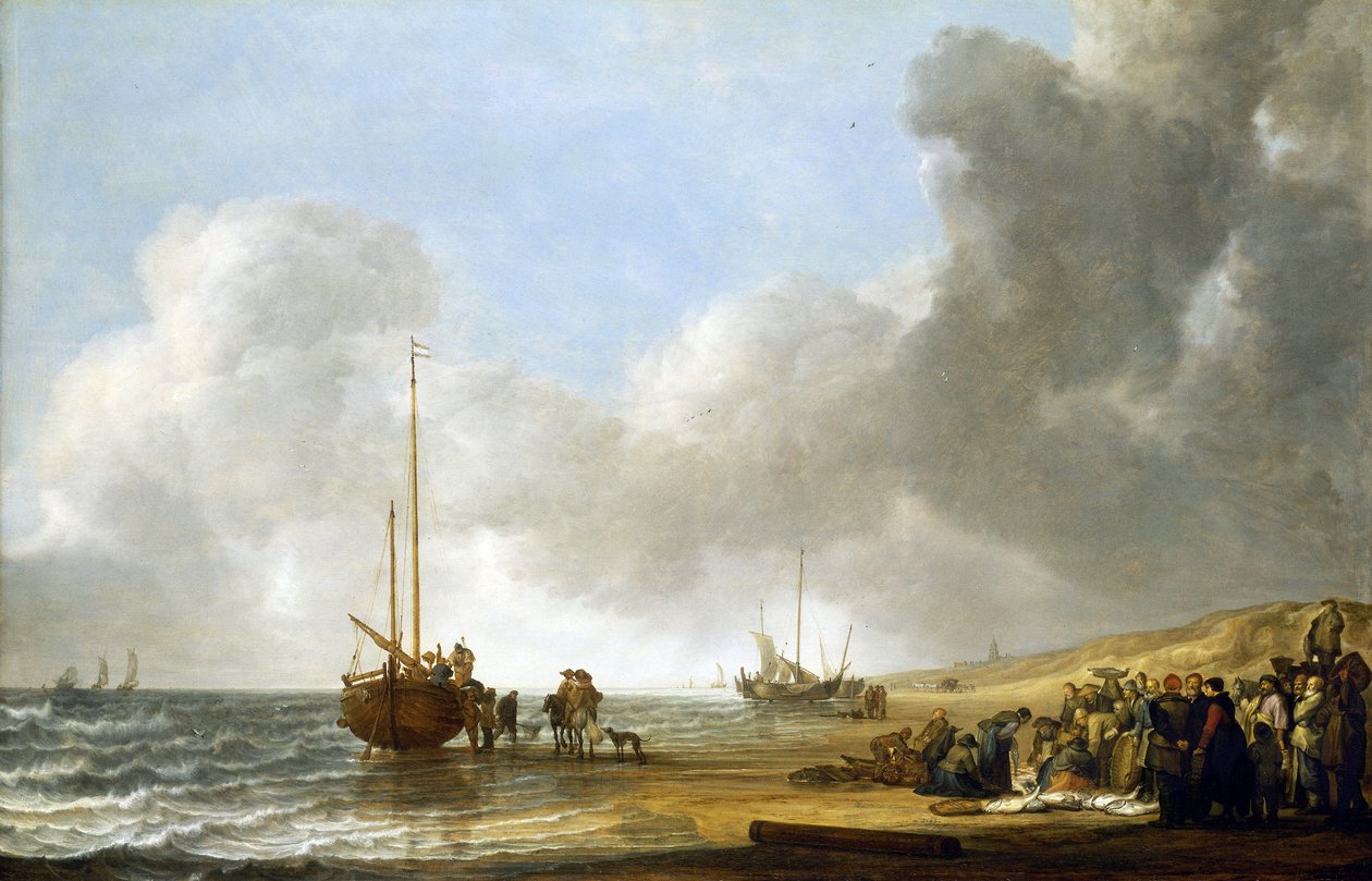 En scene på Scheveningen-stranden (Haag, Holland), havet til venstre og sandklitter til højre, i midten en fiskerbåd på køl og en gruppe fiskere af Simon Jacobsz. Vlieger