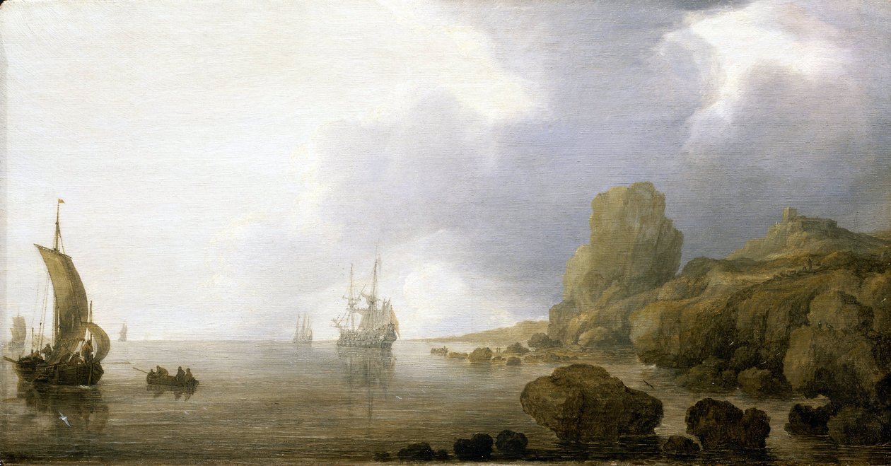 Både i det lave vand i en klippefyldt bugt, en romantisk og idealiseret vision. Olie på træ af Simon de Vlieger (1600-1653). af Simon Jacobsz. Vlieger