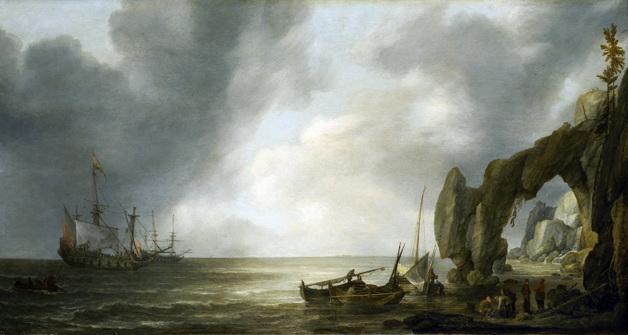 Hollandske krigsskibe ankrede op ud for en klippekyst, nogle få besætningsmedlemmer gik i land, samlet omkring fiskekurve af Simon Jacobsz. Vlieger