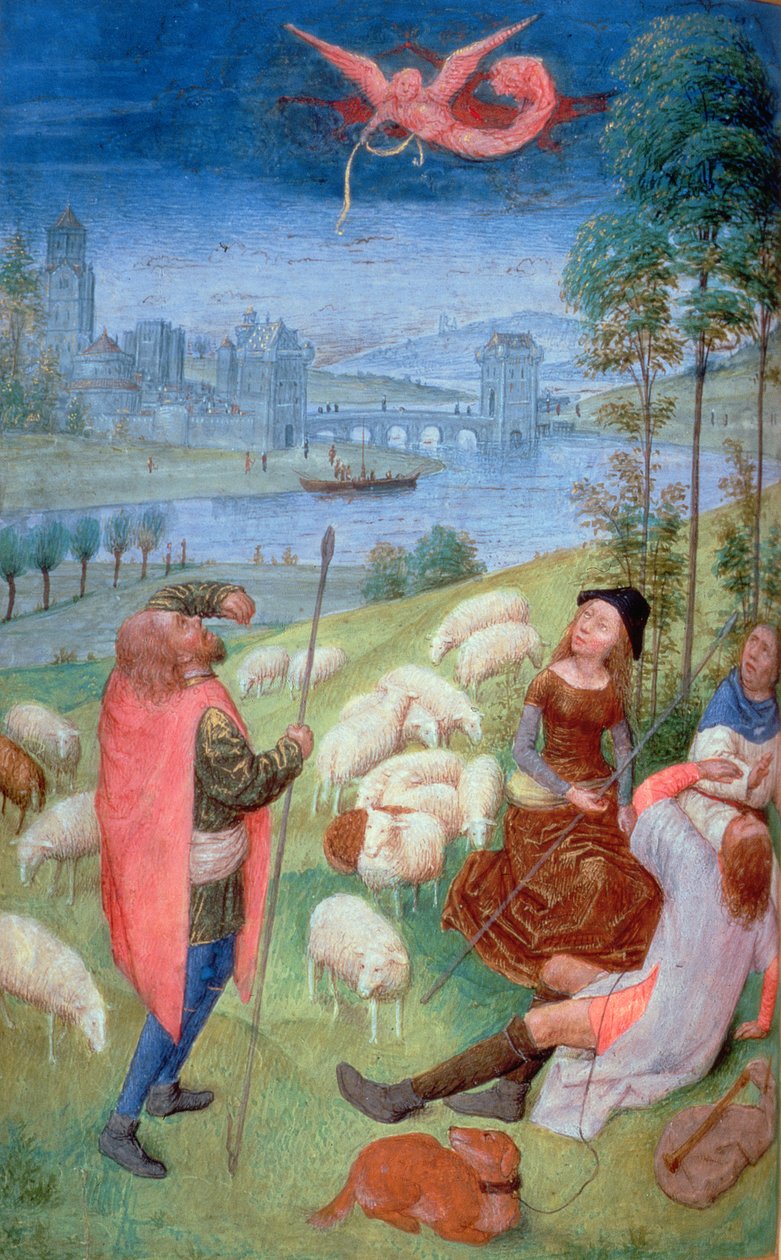 Tilføj 38126 fol.79v-80 Bebudelsen til hyrderne, fra Huth Hours, 485-90 (vellum)iennes (detaljer fra 20281) af Simon Marmion