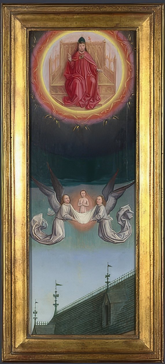 Sankt Bertins sjæl er båret til himlen (altertavle fra Abbey of St. Bertin). Omkring 1459 af Simon Marmion