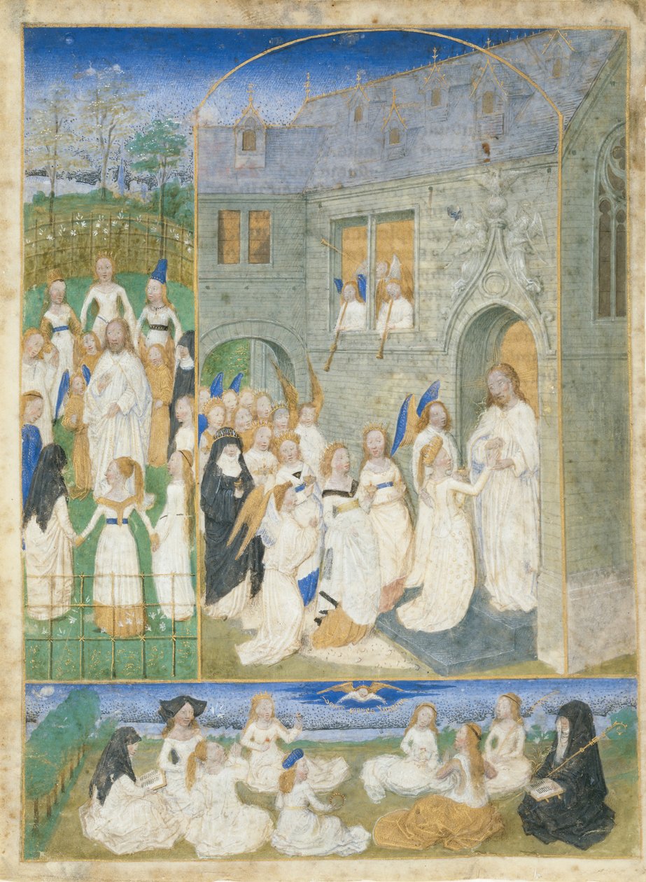 De hellige jomfruer mødt af Kristus, da de træder ind i paradisets porte, ca. 1467-70. af Simon Marmion