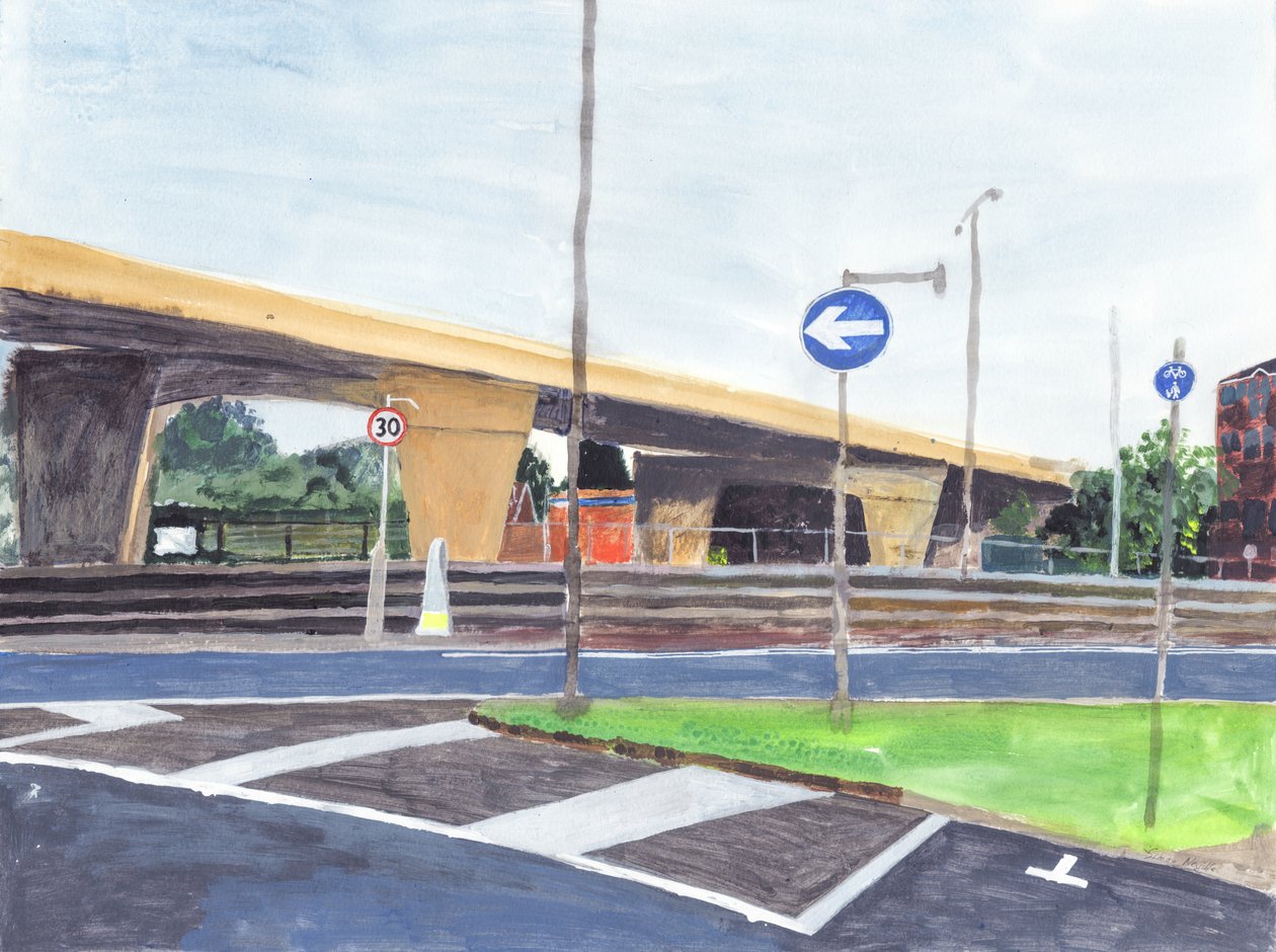 Concrete overpass, 2019 (akryl, akvarel og blæk på papir) af Simon Neville