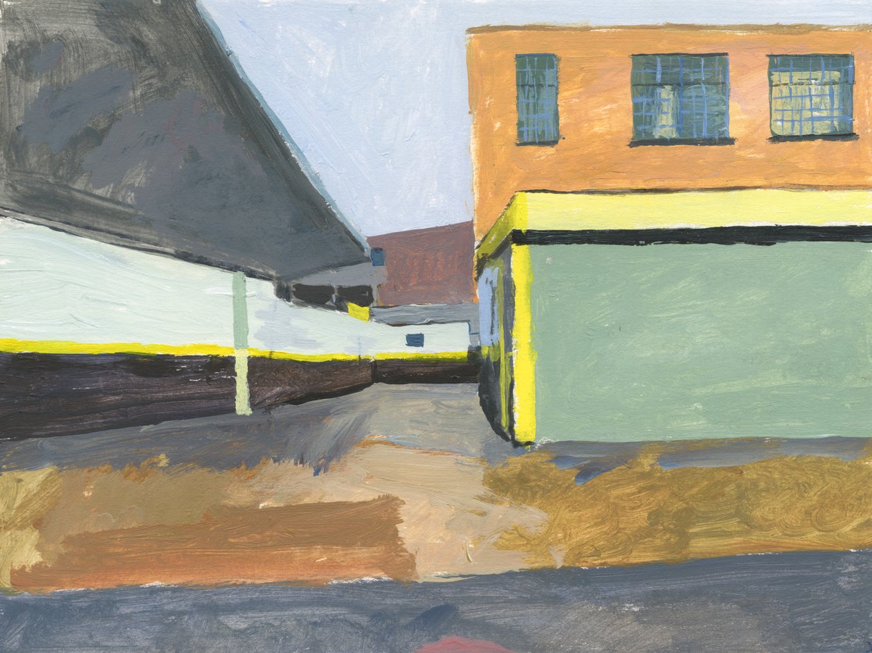 Garageforplads, 2025 (akryl på papir) af Simon Neville