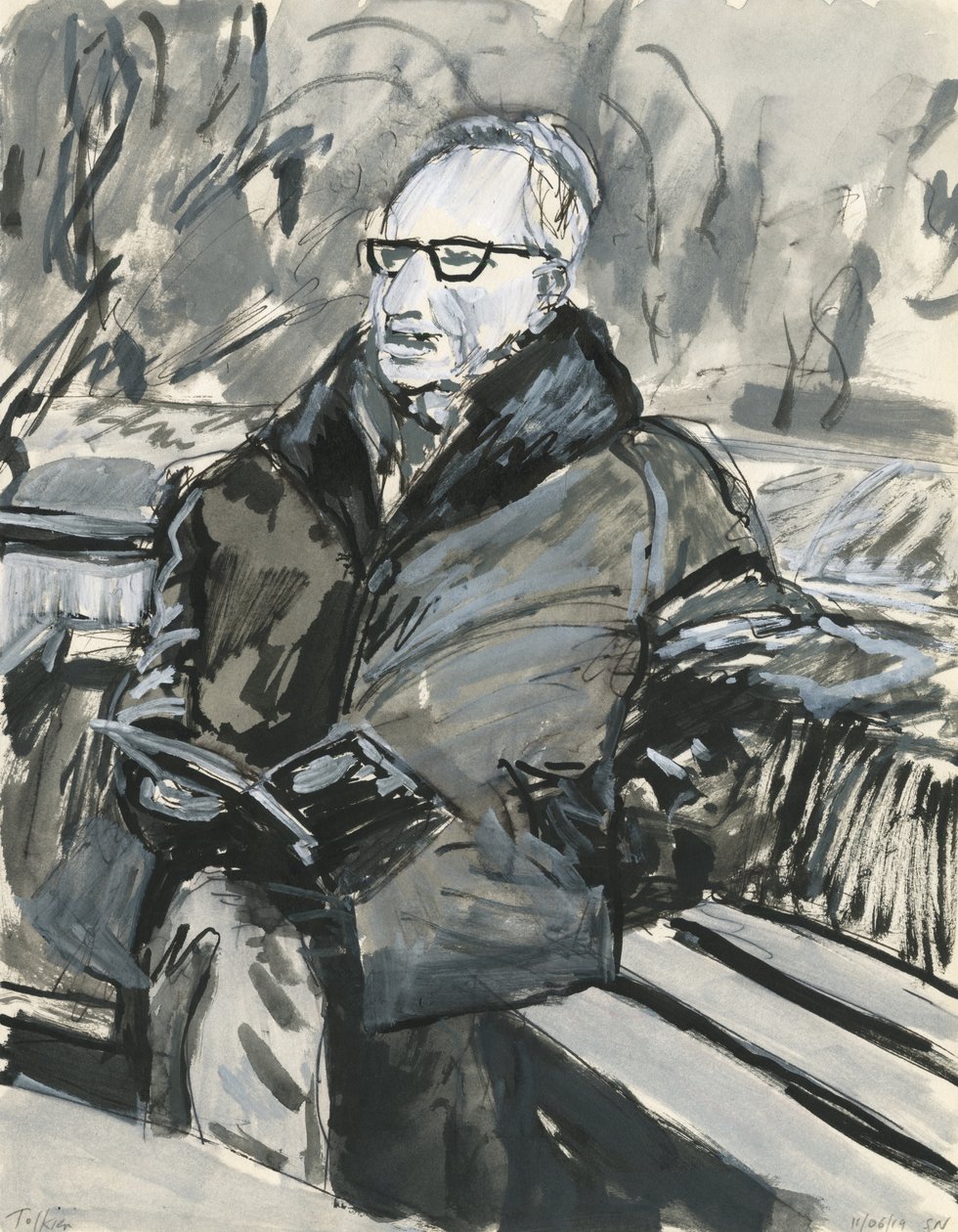 Mand læser en bog, 2019 (blæk og akrylmalingspenne på papir) af Simon Neville