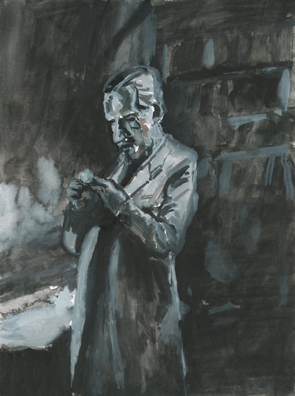 Mand ryger pibe, 2019 (akvarel på papir) af Simon Neville