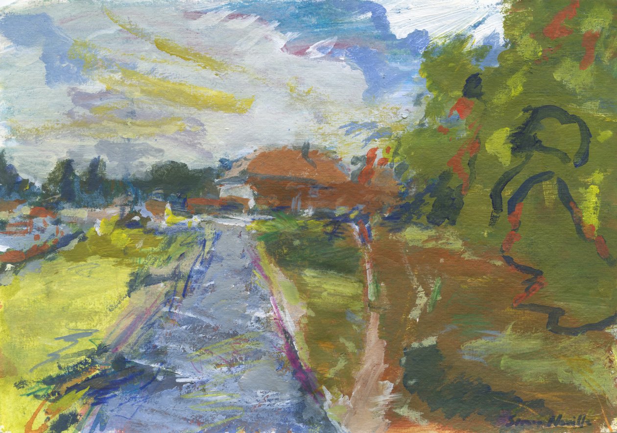 Pavenment  shortcut to houses, 2024 (akryl, akvarel, akvarelblyanter og oliepastel på papir) af Simon Neville