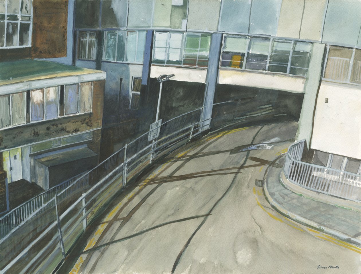 Indgang til taxa på jernbanestationen, 2019 (akvarel og gouache på papir) af Simon Neville