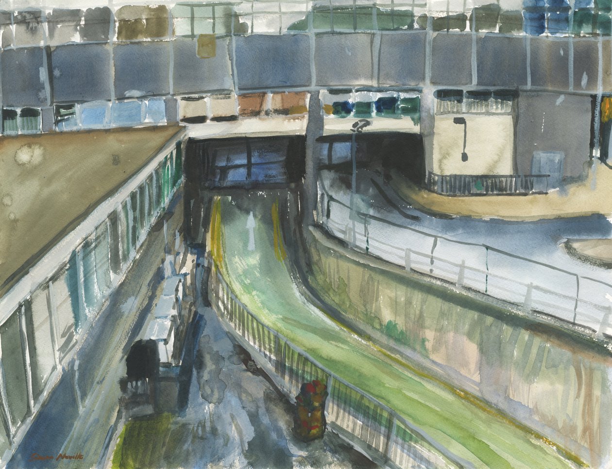 Indgang til taxa på jernbanestationen, 2019 (akvarel og gouache på papir) af Simon Neville