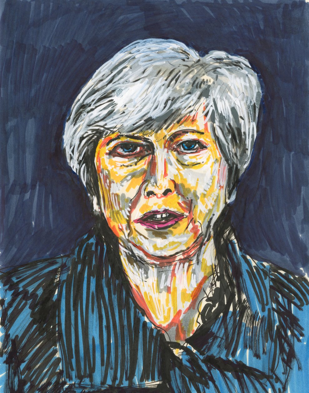 Theresa May, 2019 (blæk og akrylmalingspenne på papir) af Simon Neville