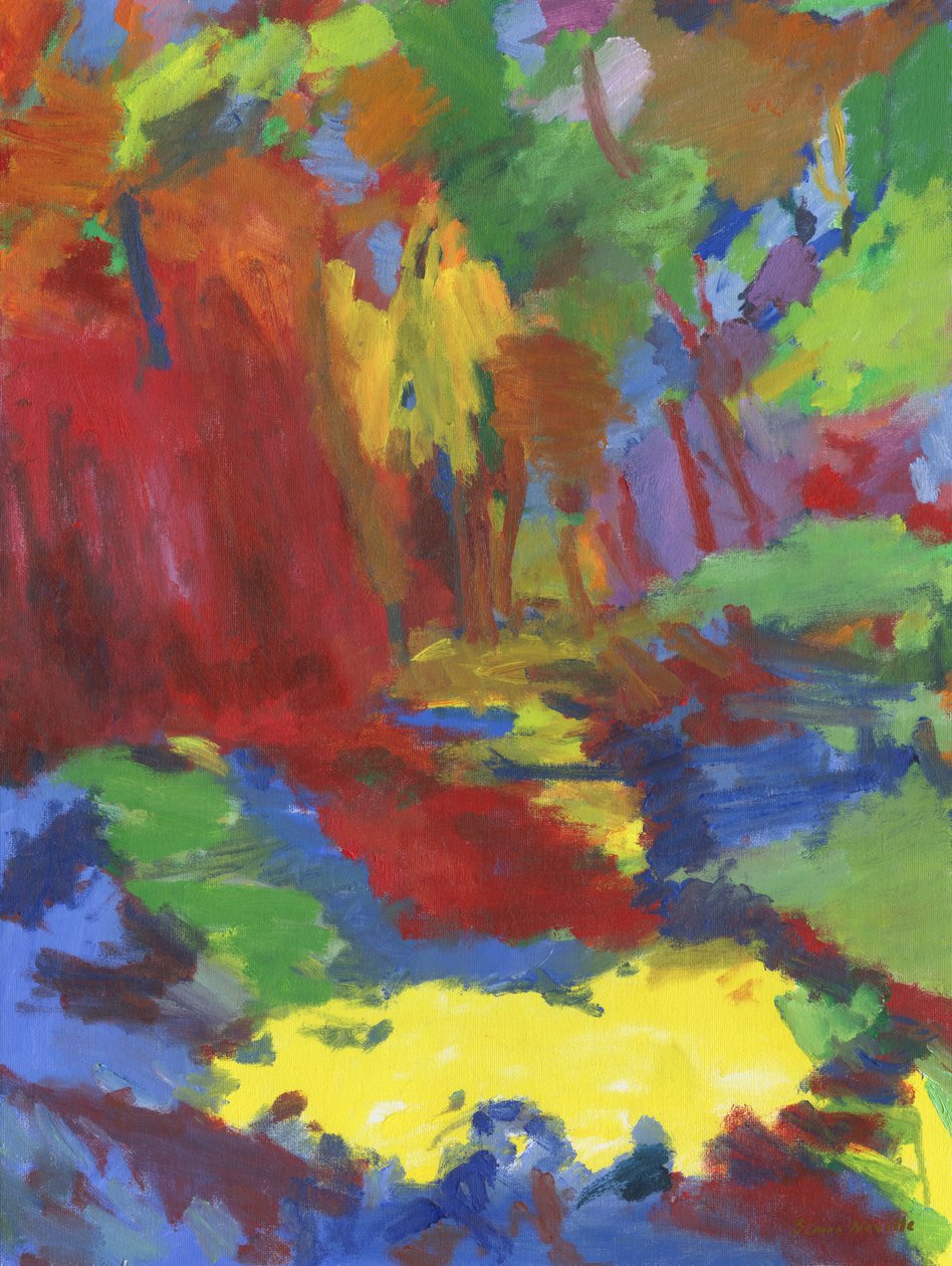 Woodland pathway no 32, 2024 (olie på lærredsplade) af Simon Neville