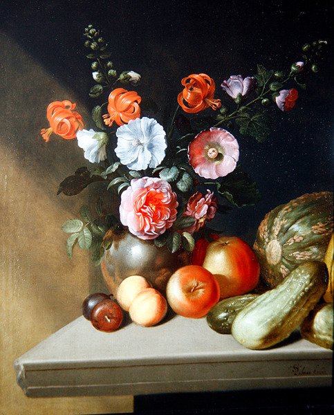Et stilleben af roser, delphiniums og liljer af Simon Peter Tilmann