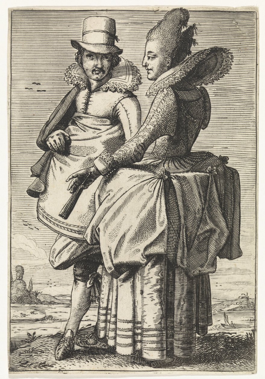 Mand og kvinde klædt efter mode fra ca. 1625 af Simon Poelenburg (attributed to)
