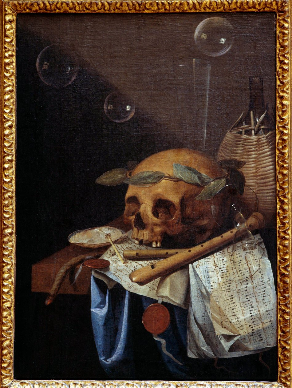 Vanite-stilleben af kraniekrone af laurbær, fløjter, partitur og vinkande. Maleri af Simon Bernard af Sankt Andre (1613-1677) 1600-tallet søn. 0,6x0,43 m Lyon, Musee des Beaux Arts af Simon Renard de Saint Andre