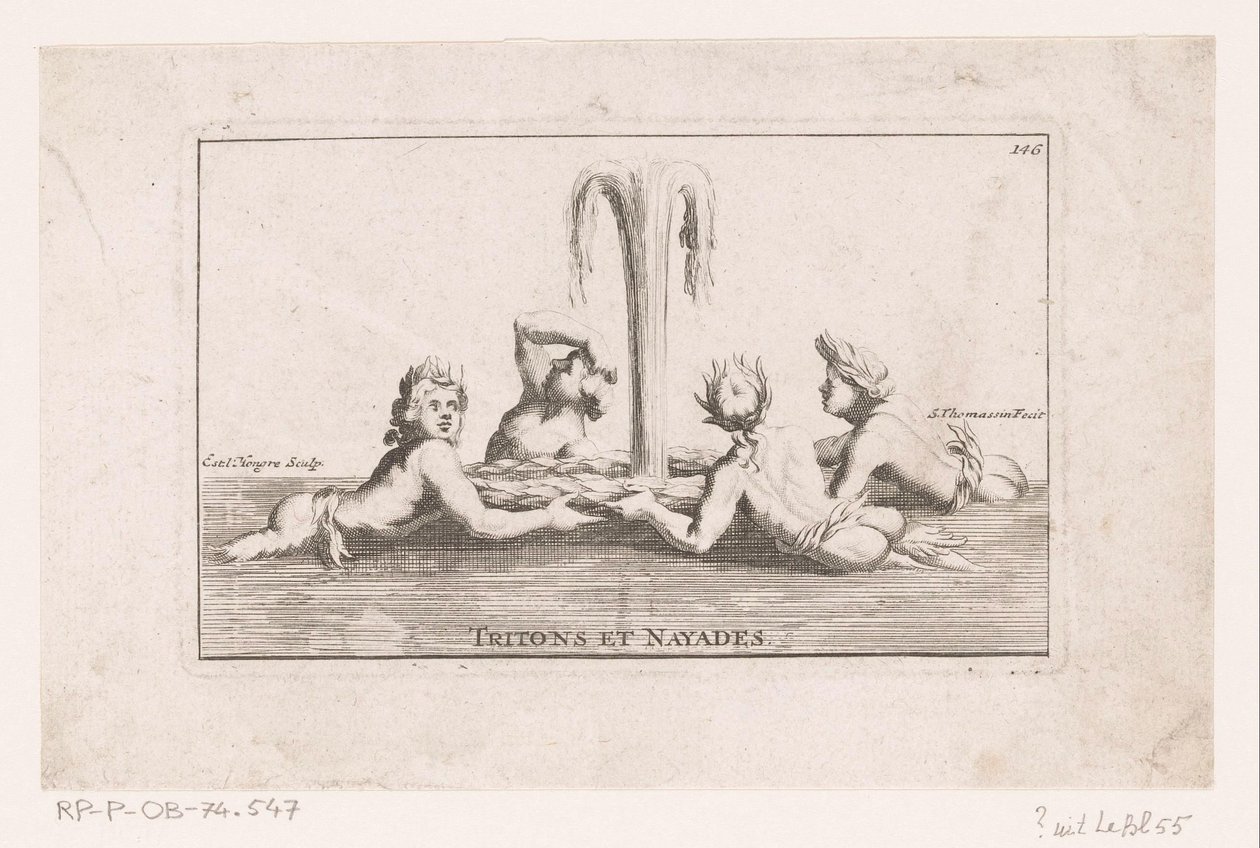 Fonteinsculptuur af tritonen en naïaden Tritons og Nayads. (titel på objekt) Samling af statuer, grupper, springvand, termer, vaser og andre storslåede ornamenter af slottet og parken i Versailles (serietitel) af Simon Thomassin