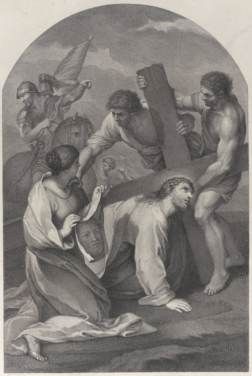 Kristus faldt til jorden under vægten af korset, med to mænd assisterende og ..., ca. 1729. af Simon Vallee