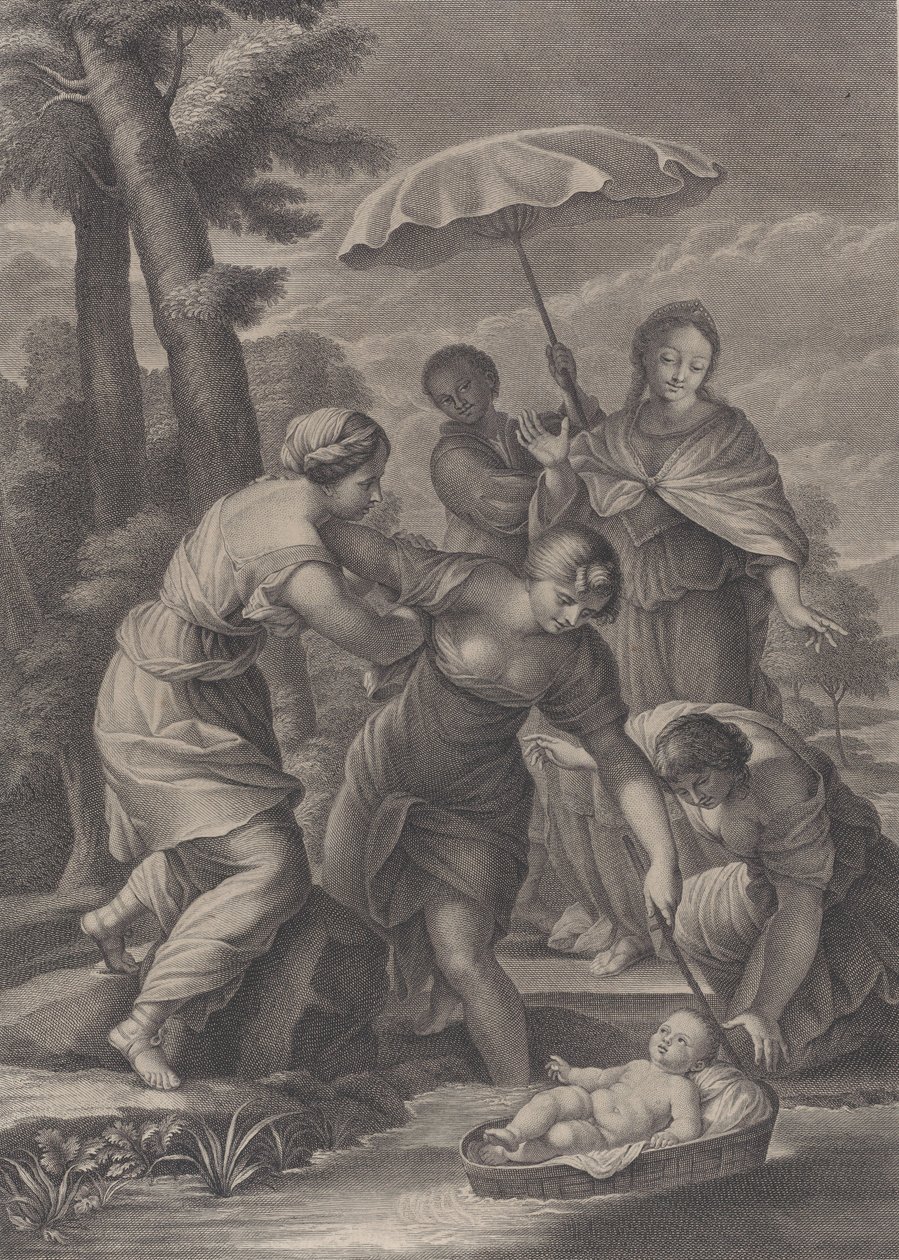 Tre kvinder trækker i kurven med spædbarnet Moses fra vandet, ca. 1729. af Simon Vallee