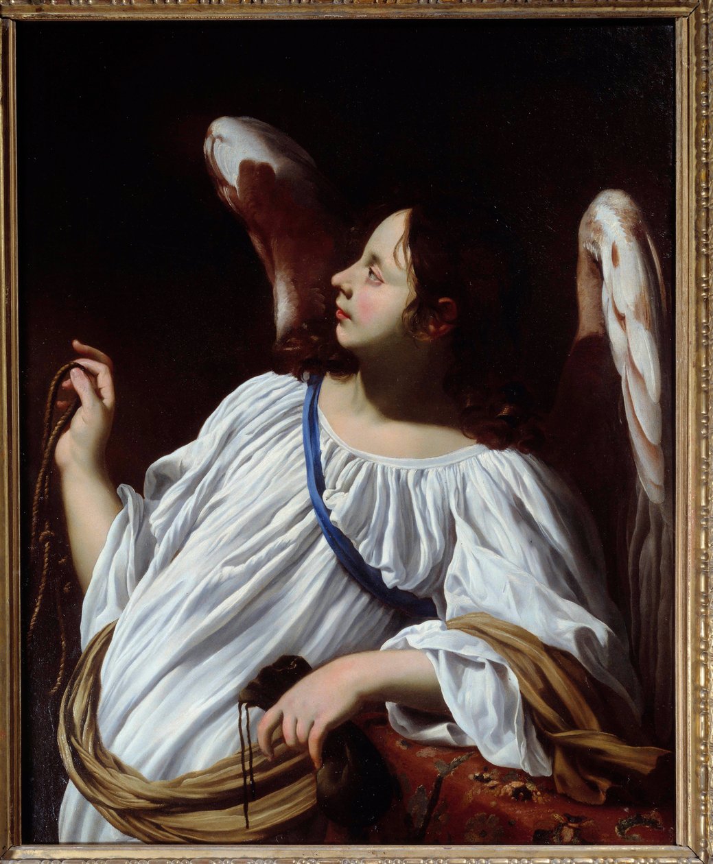 Angel har reb og punginstrumenter fra Kristi Passion. Detalje af et maleri af Simon Vouet (1590-1649) Privatsamling fra det 17. århundrede af Simon Vouet