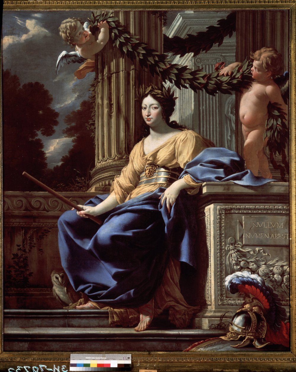 Allegorisk portræt af Anne af Østrig (1601-1666) (Allegorisk portræt af Anne af Østrig). Dronningen af ​​Frankrig repræsenteret som gudinden Minerva (Athena) omgivet af sine attributter (hjelm, skjold, ugle og bælte med Medusas maske). Registrering af Simon Vouet