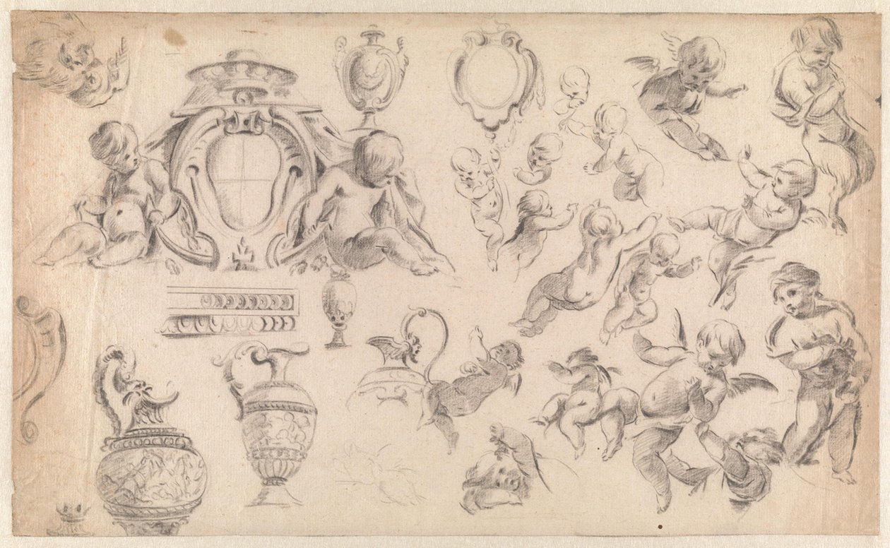 Studie til en dekoration med putti og ornamenter af Simon Vouet