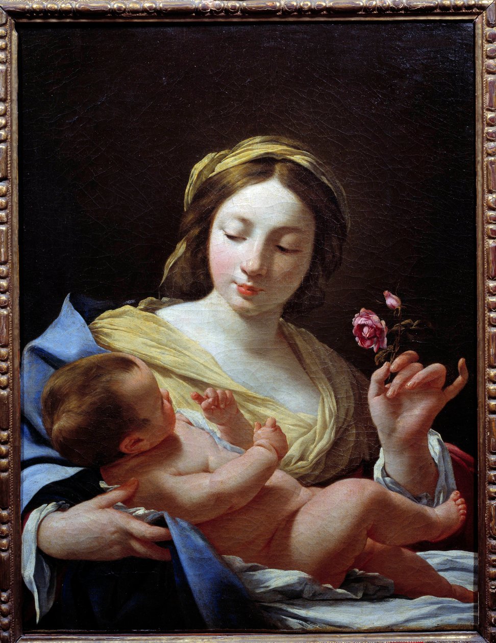 Jomfruen et barn og en rose maleri af Simon Vouet (1590-1649) 1627 søn. 0,8x0,62 m Marseille, Musee des Beaux Arts af Simon Vouet