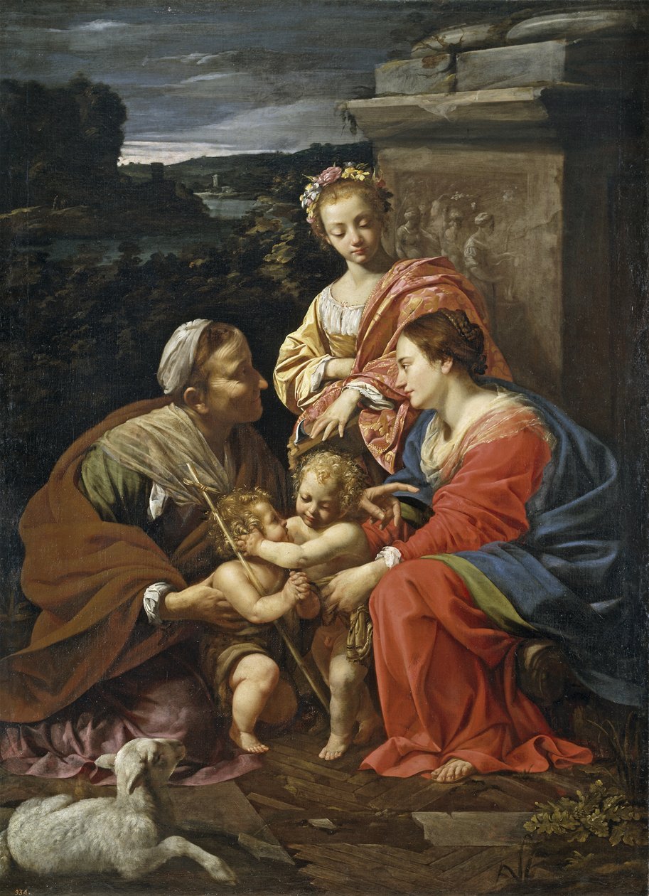 Jomfru og barn med Johannes Døberen som dreng, Saint Elizabeth og Saint Catherine, 1625-1626 af Simon Vouet